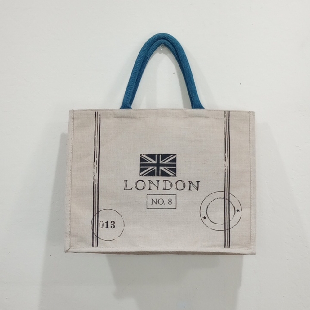 London No. 8 Beige Jute Tote Shopping Bag, NWOT